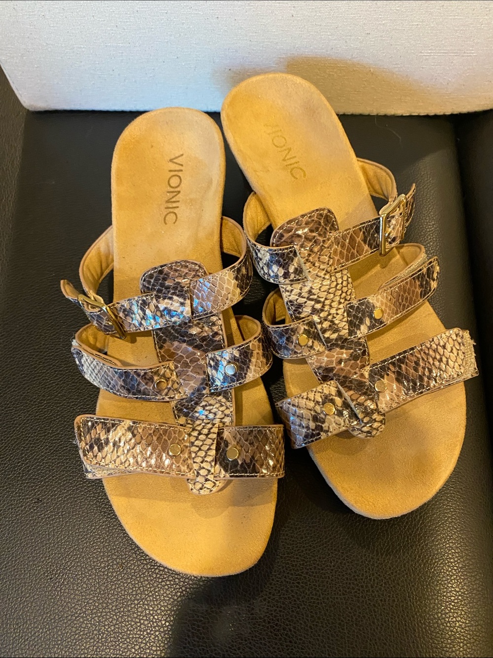 Vionic Women's Tan Snake-Print Strappy Sandals